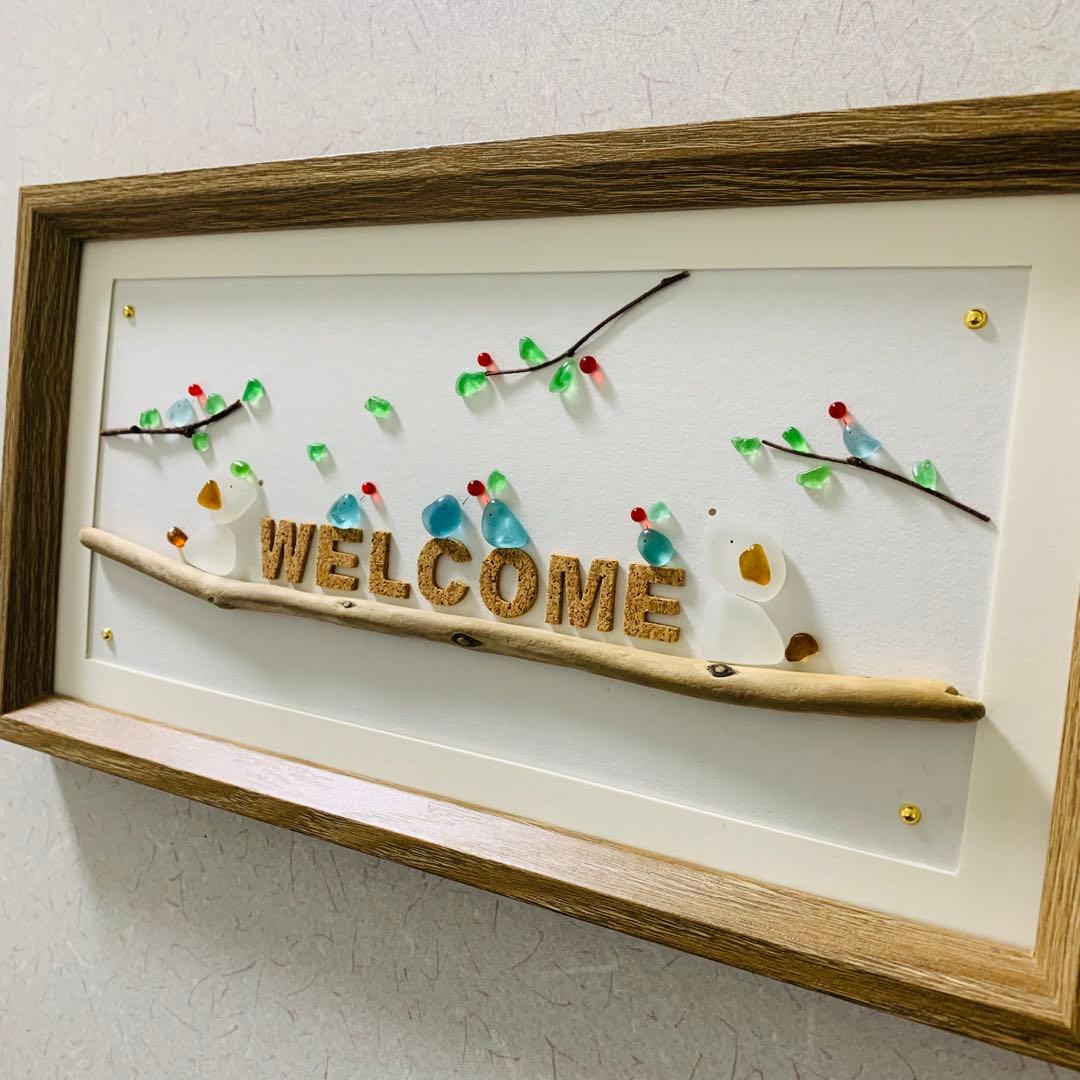 シーグラスアート 犬 幸せの青い鳥 インテリア雑貨 壁掛け 北欧 観葉植物アート