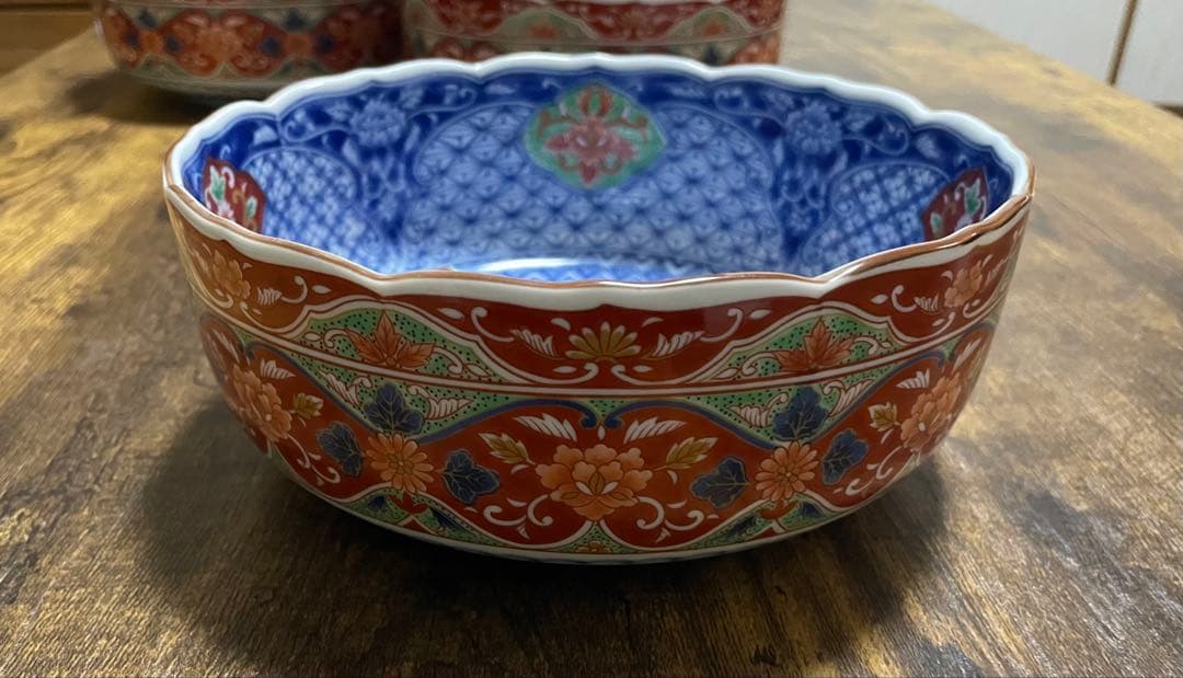 前畑陶器　庫山窯　染錦花鳥　中鉢　盛鉢　間取花紋　古伊万里　19cm 5個セット