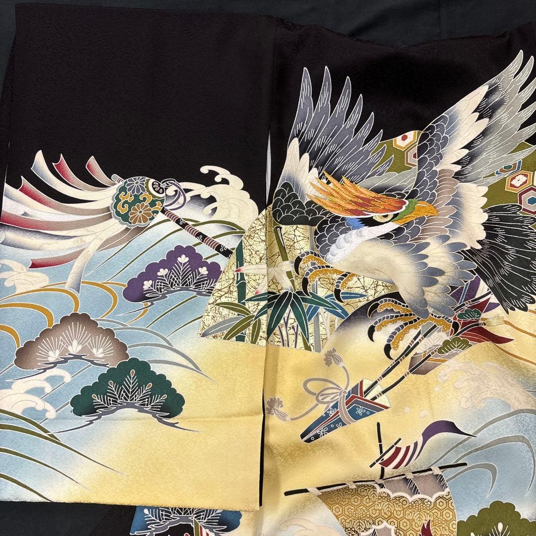 りおちん新品正絹産着祝着京友禅工芸、豪華刺繍、多色本金特選大鷹大王松流水文