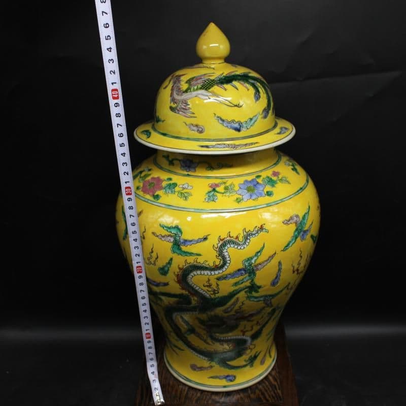 清康熙黄地粉彩龍鳳紋将軍茶壺 景徳鎮 陶磁器 装飾品 現代工芸品 美術品 置物