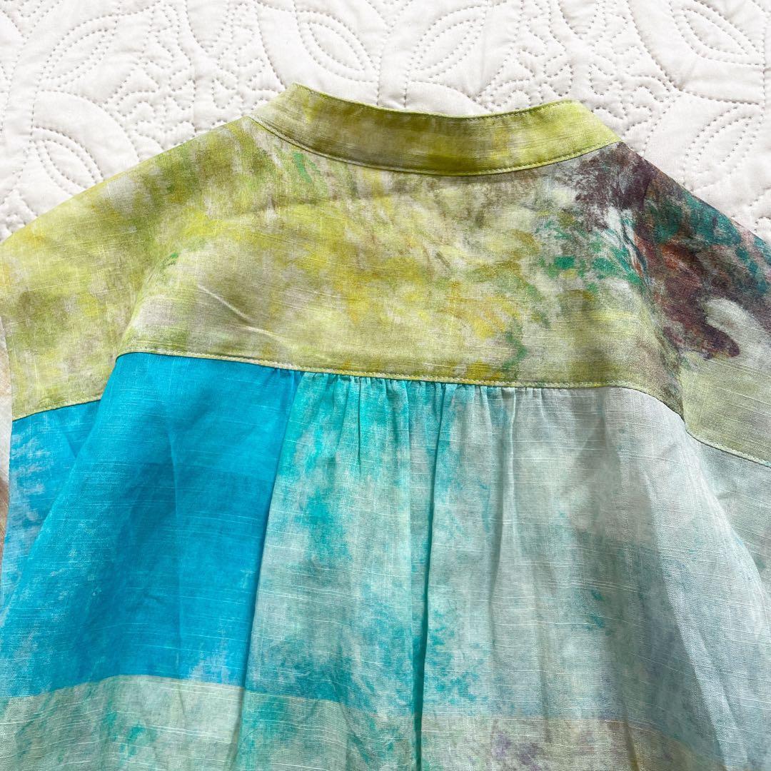 現行　レリアン　ブラウス　11号　シアー素材　バンドカラー　パッチワーク風　綿麻