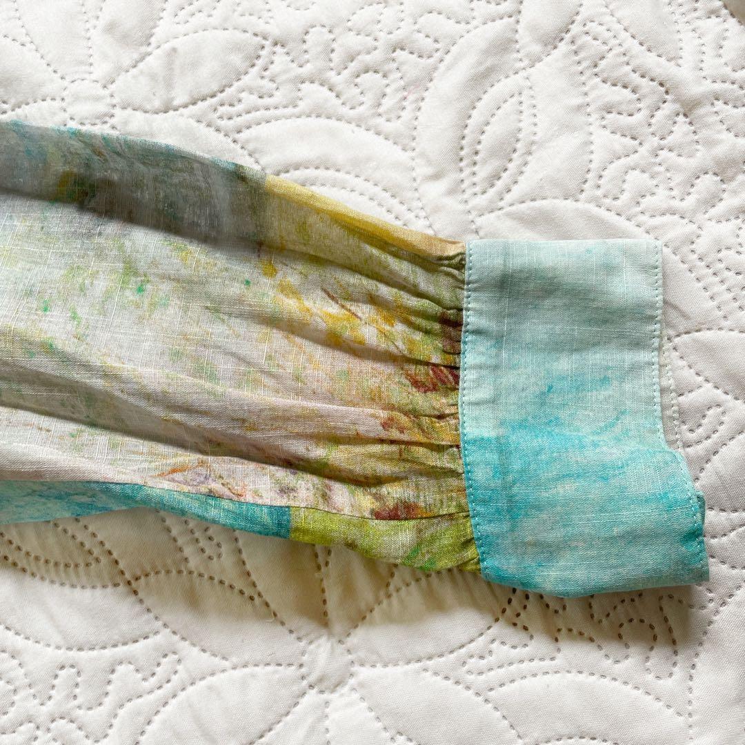 現行　レリアン　ブラウス　11号　シアー素材　バンドカラー　パッチワーク風　綿麻