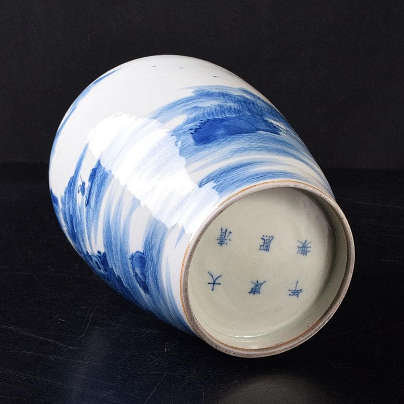 中国　大清康熙年製　青花　山水人物文　花瓶　壷　時代箱　M　R8748