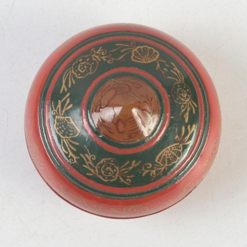 茶道具　朱塗　貝蒔絵　香合　仕覆付　朱書花押あり　V　9854