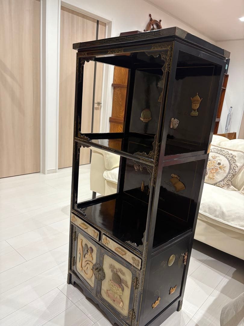 飾り棚 和製ビンテージ 花梨 カリン材 螺鈿 ラデン 象嵌 美しい 茶棚