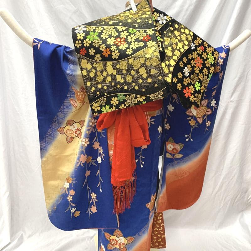 508ag36楽々衿帯揚げ帯締めしごき■七五三 七歳 女児 着物&袋帯■美品