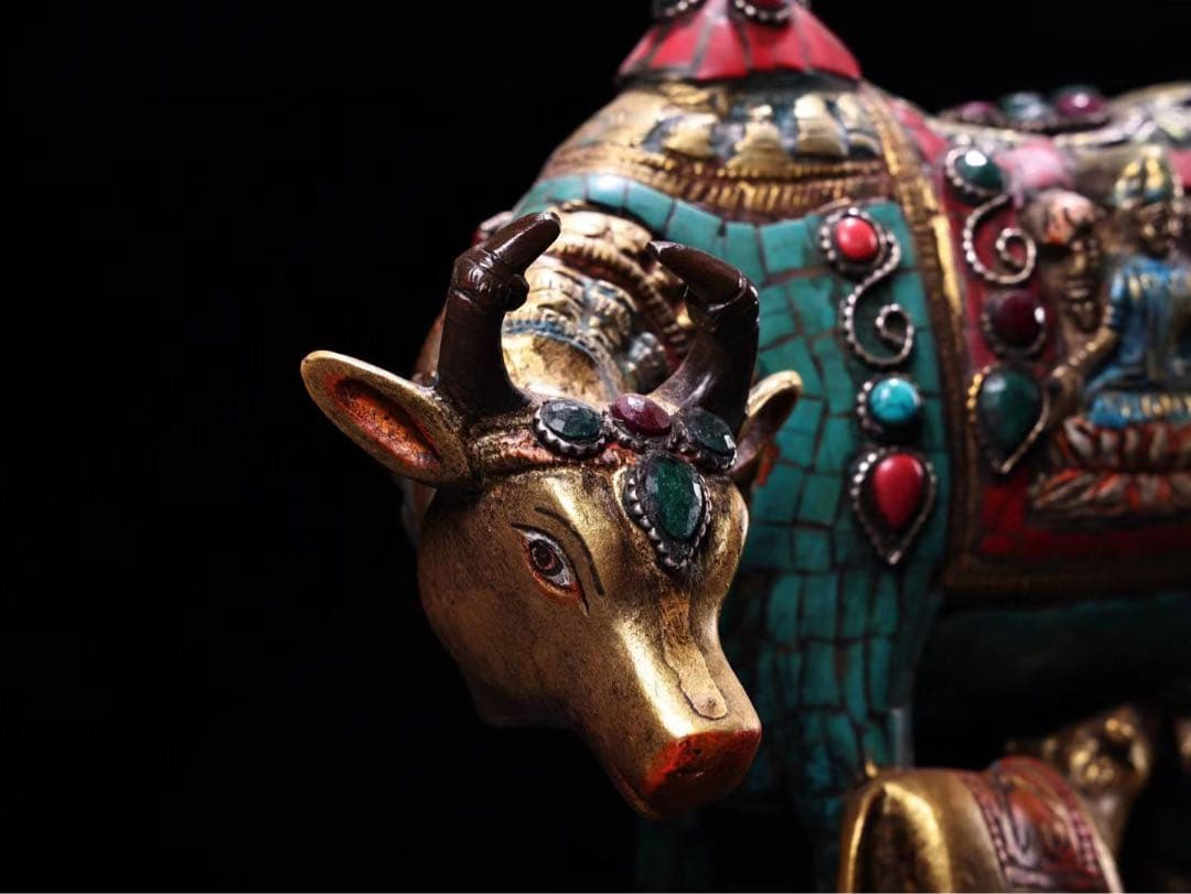 貴重品、旧蔵希少、精銅、象眼宝石、彩色蒔絵母子牛