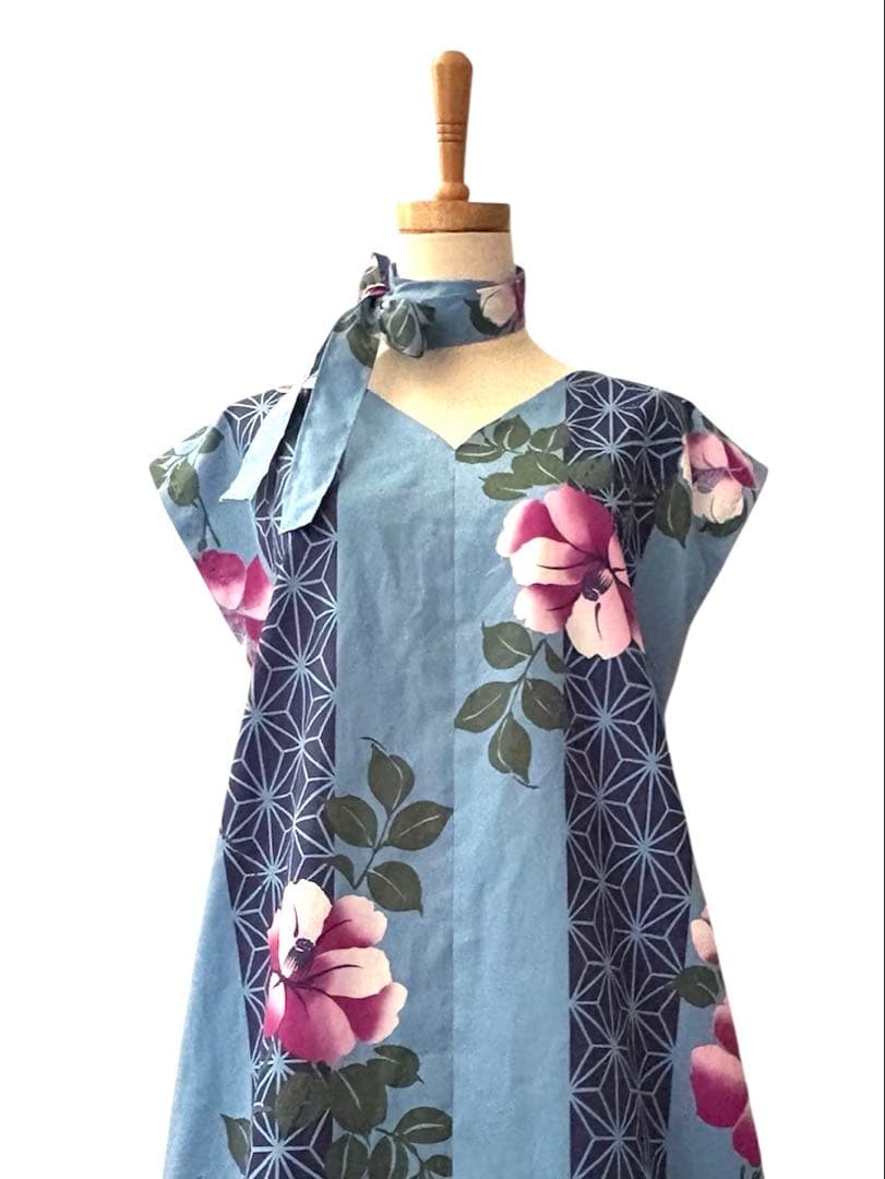 6Y42-12浴衣リメイクワンピース　ハンドメイド　ロング　マキシ　新品反物