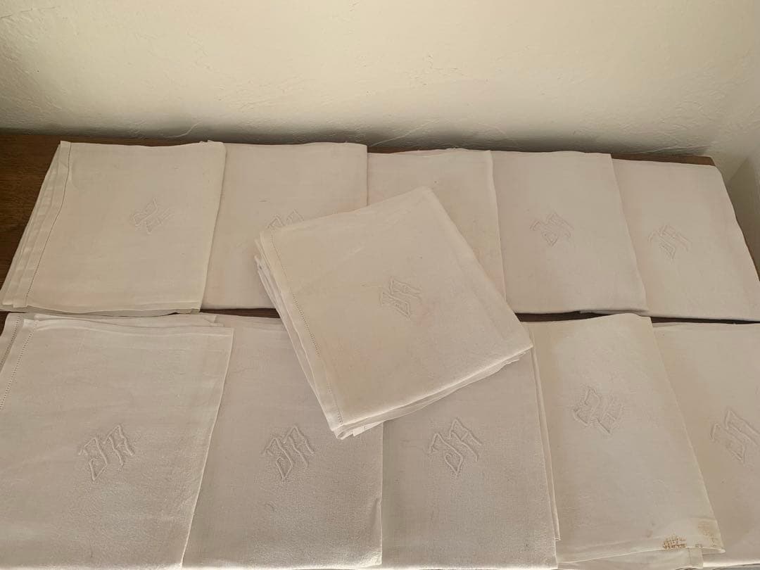 フランス　蚤の市　イニシャル刺繍　コットン　クロス　12枚セット