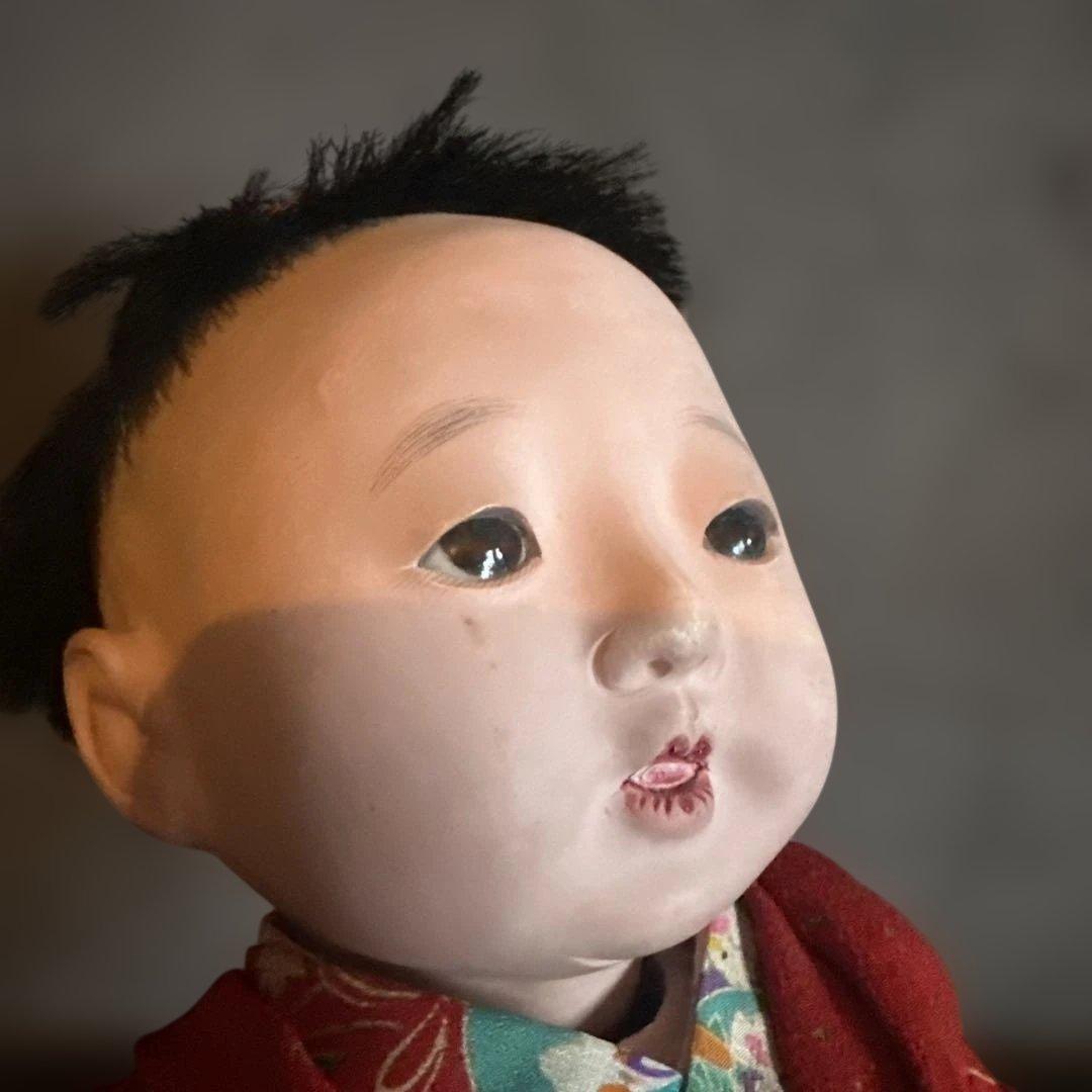 最終お値下げ‼️ヴィンテージ　市松人形 赤と緑の花柄着物　幼子　かわいいあんよ