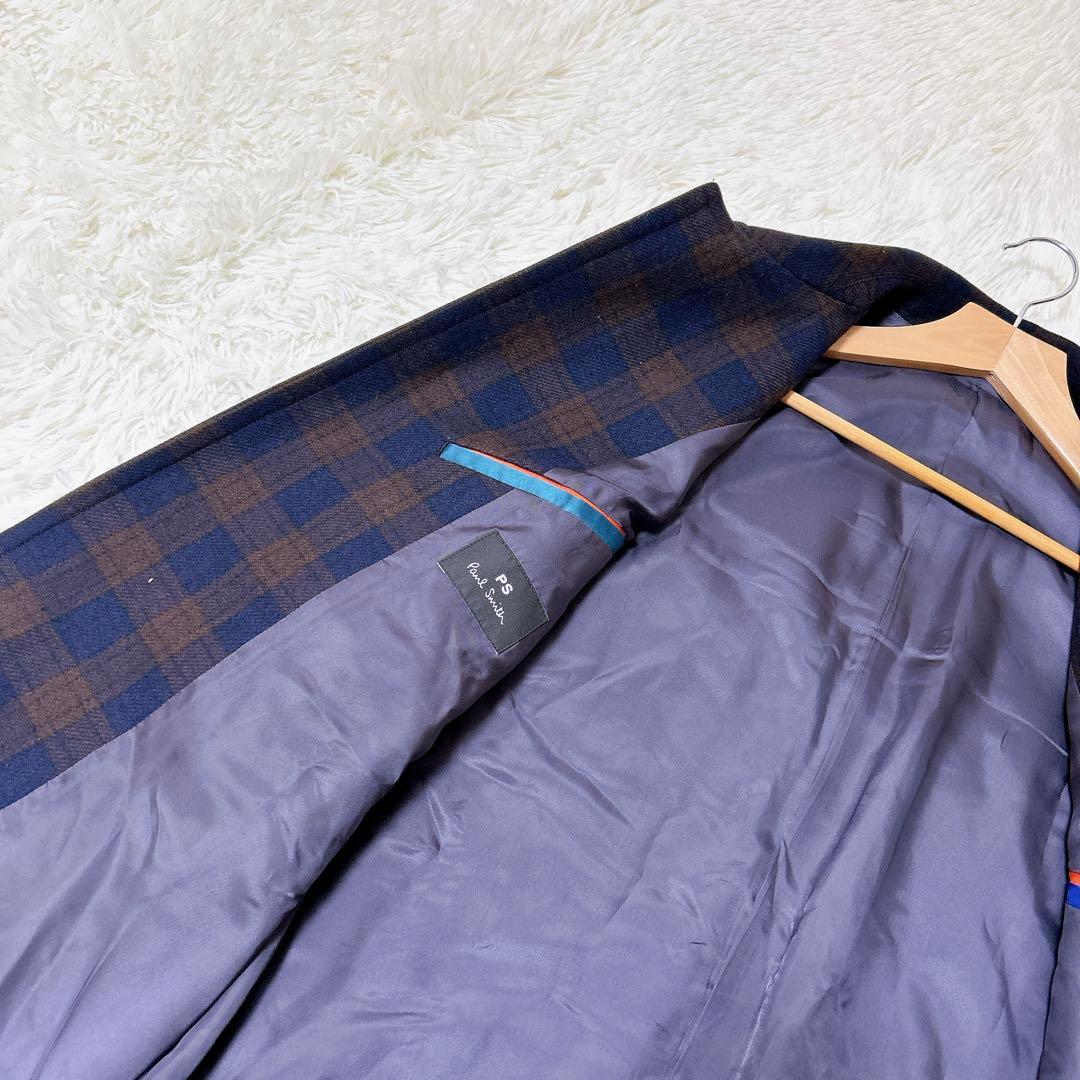 ポールスミス チェック柄 ウール コート ネイビー 高級感