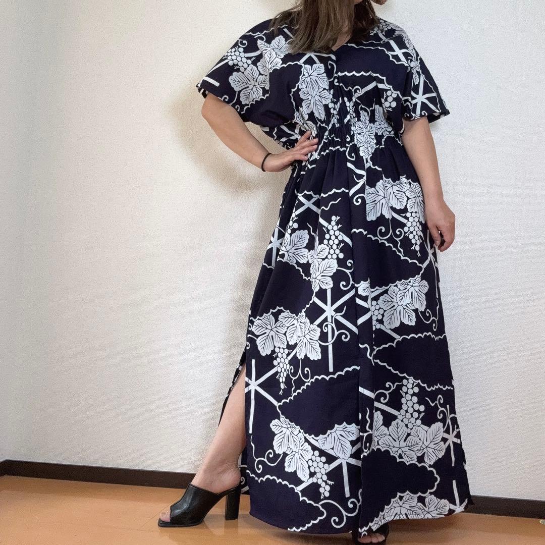 竺仙　浴衣　リメイク　コーマ地　ワンピース ハンドメイド　ロング　紺　葡萄