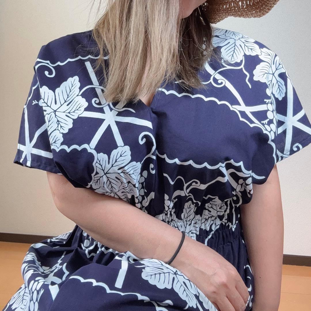 竺仙　浴衣　リメイク　コーマ地　ワンピース ハンドメイド　ロング　紺　葡萄