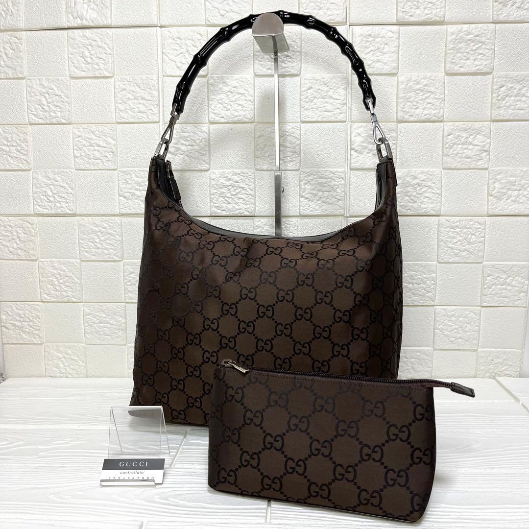 ✨極美品✨☘️GUCCI☘️✨ワンショルダー✨バンブー✨GG柄✨ナイロンキャンバス✨