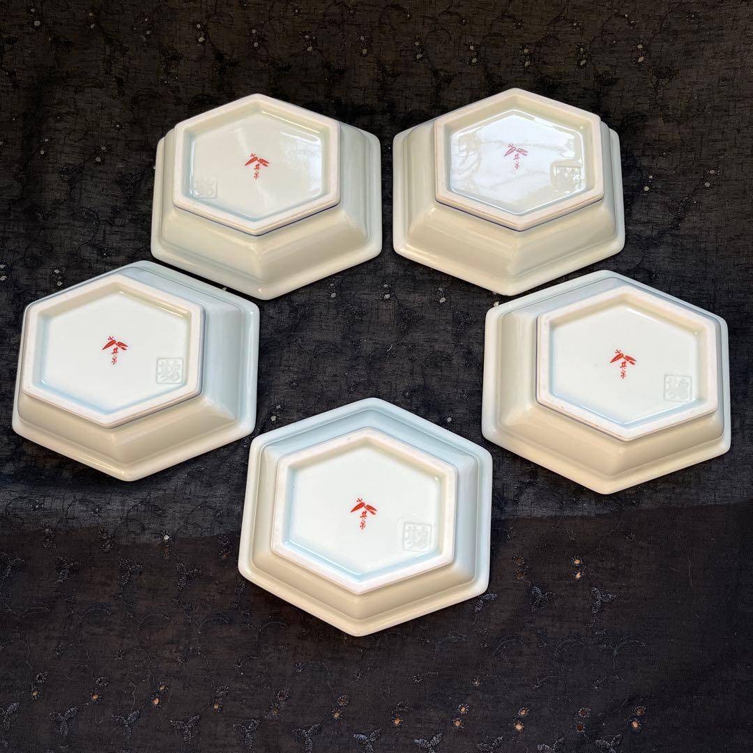 有田焼　其泉　染錦金彩　松竹梅鶴絵　高台　六角小鉢　小皿　5枚組