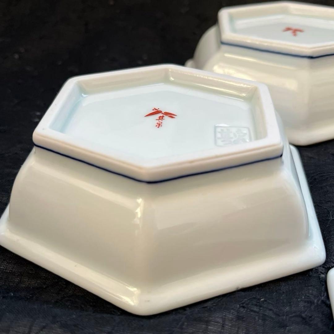 有田焼　其泉　染錦金彩　松竹梅鶴絵　高台　六角小鉢　小皿　5枚組