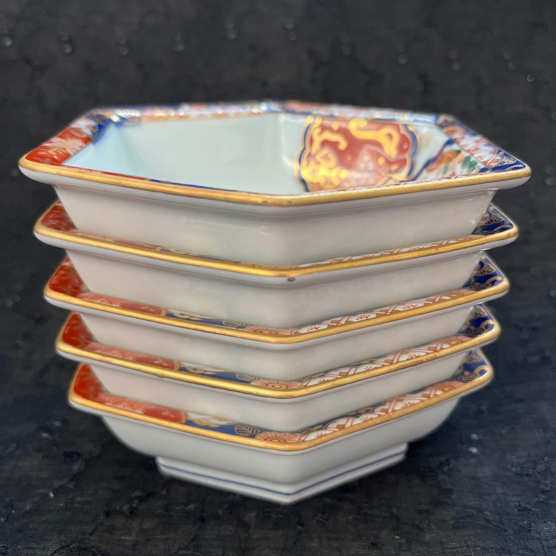 有田焼　其泉　染錦金彩　松竹梅鶴絵　高台　六角小鉢　小皿　5枚組