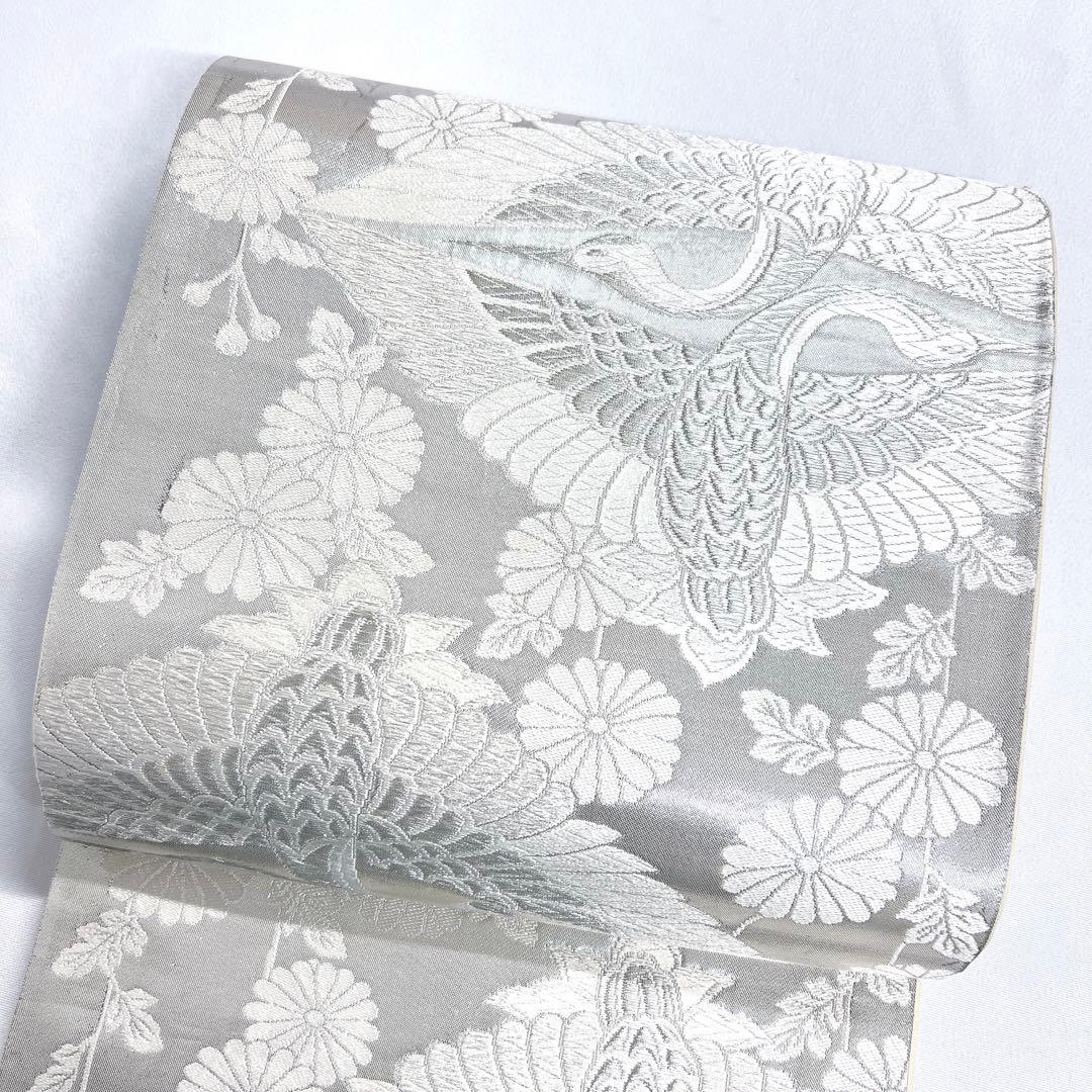 袋帯　唐織　双鶴文　鶴　菊花　白地　銀糸　着物　011tz