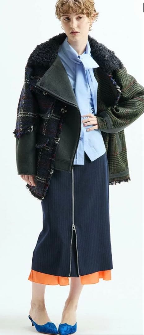 新品AULAAILA パッチワークボアチェックフリンジライダース