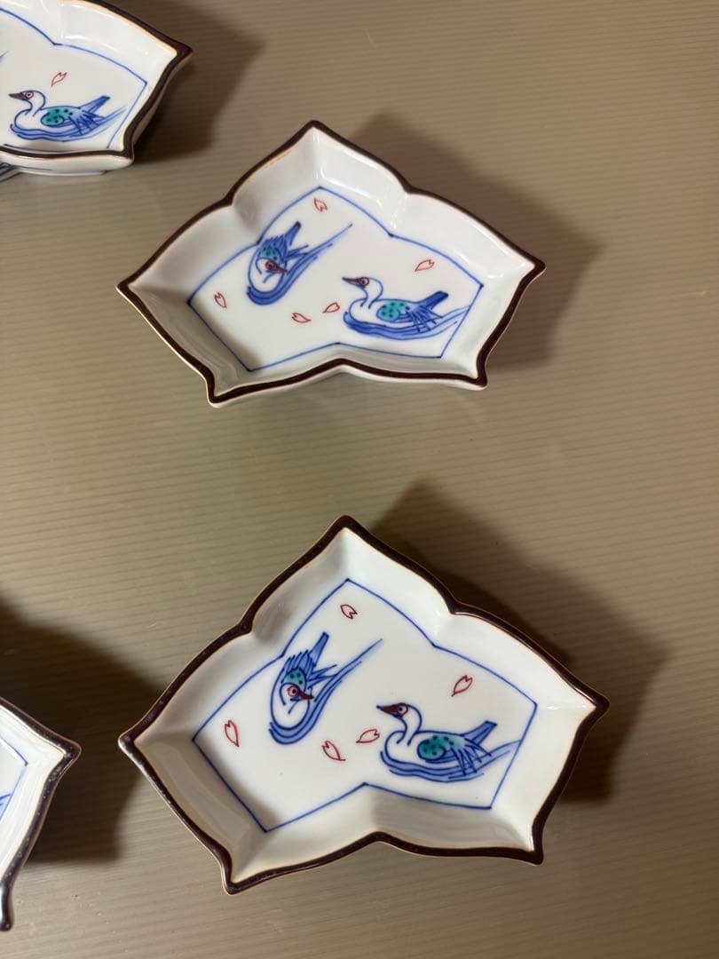 2927 有田焼 十四代 辻常陸 染錦水鳥文 変形皿5客 未使用