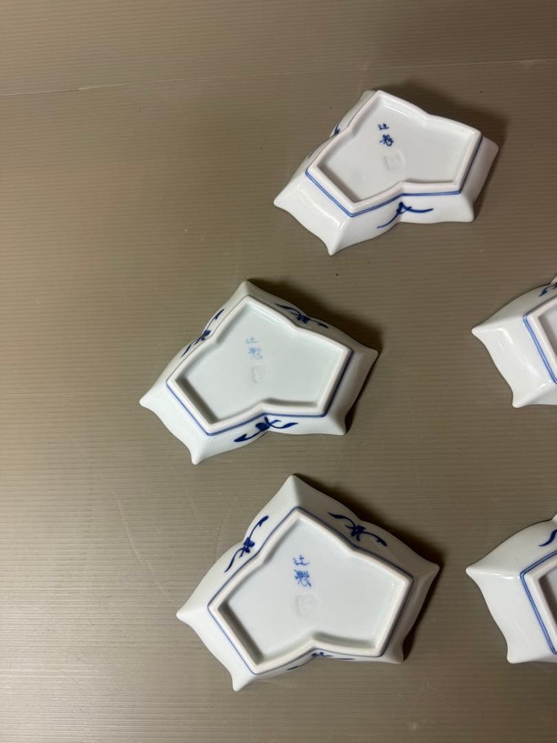 2927 有田焼 十四代 辻常陸 染錦水鳥文 変形皿5客 未使用