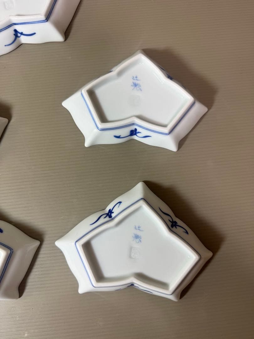 2927 有田焼 十四代 辻常陸 染錦水鳥文 変形皿5客 未使用