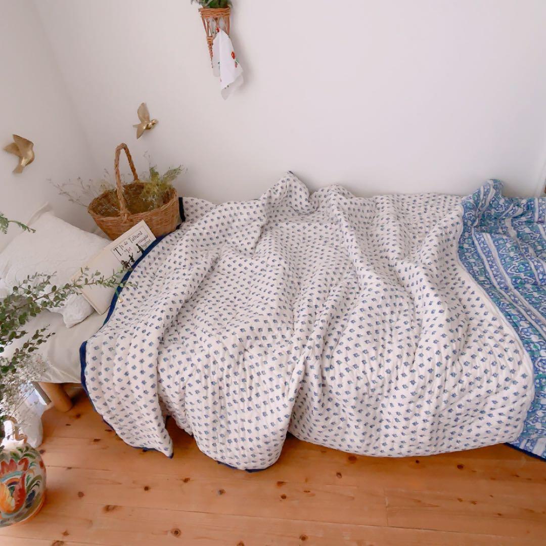 キルト　ブロックプリントキルト　インドの布団　ソファーカバー　ベッドカバー