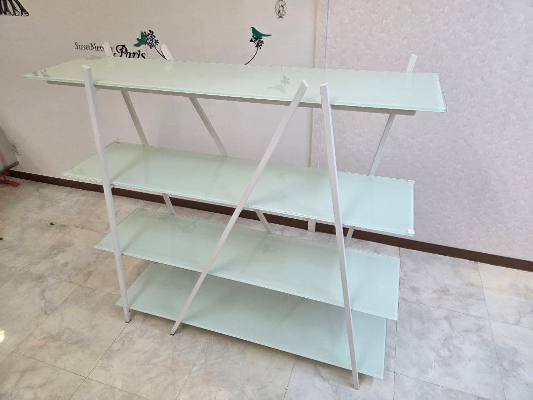 ホワイトスチールラック 4段 ガラス棚