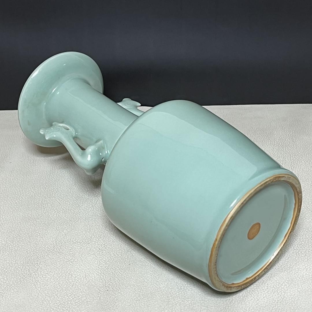 宮永東山 青磁 鳳凰耳 花入 共箱 耳付花入 茶道具 【k3437】