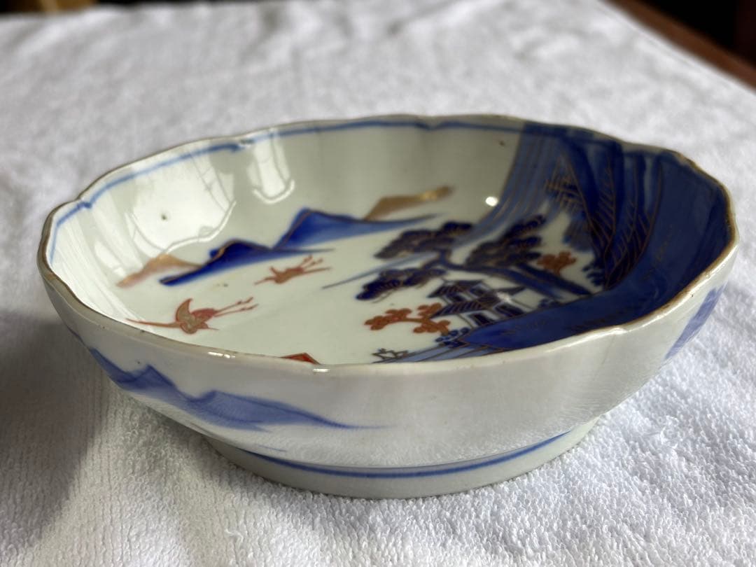 古伊万里　染錦風景画五寸皿5枚セット　なます皿　アンティーク骨董品