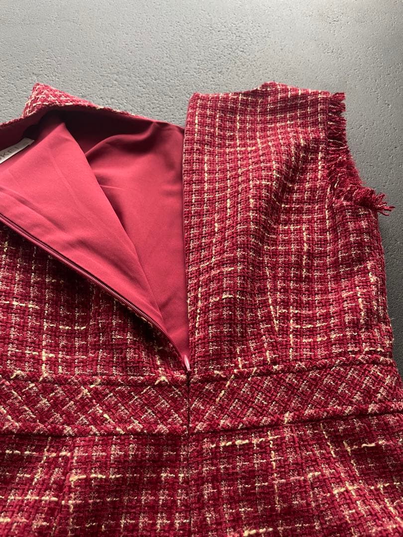 ERUKEI]レッド・ツイード・フリンジAライン膝丈ミニドレスワンピース黒木麗奈