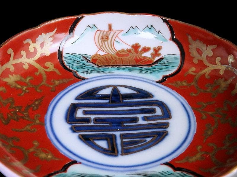 古伊万里　色絵　窓絵　宝船に金唐草の図　４寸皿　５枚　B985AS-CXv