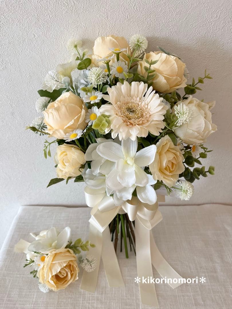 ウェディングブーケとブートニアのセット♡ブライダルブーケ♡イエローブーケ♡ローズ