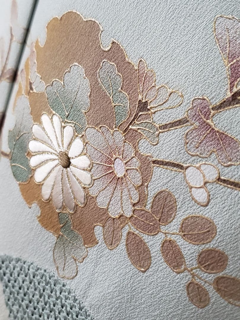 【着物・帯セット＊】水色の訪問着　スワトウ刺繍　盛り金　白金色の袋帯