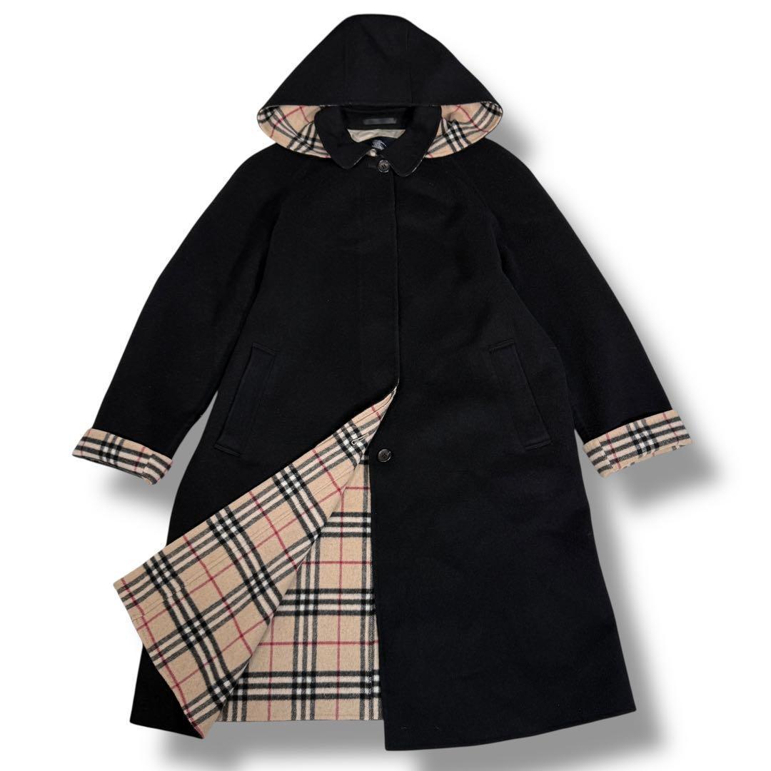 極美品 バーバリーロンドン カシミヤ混 ノバチェック 2way ロングコート 黒
