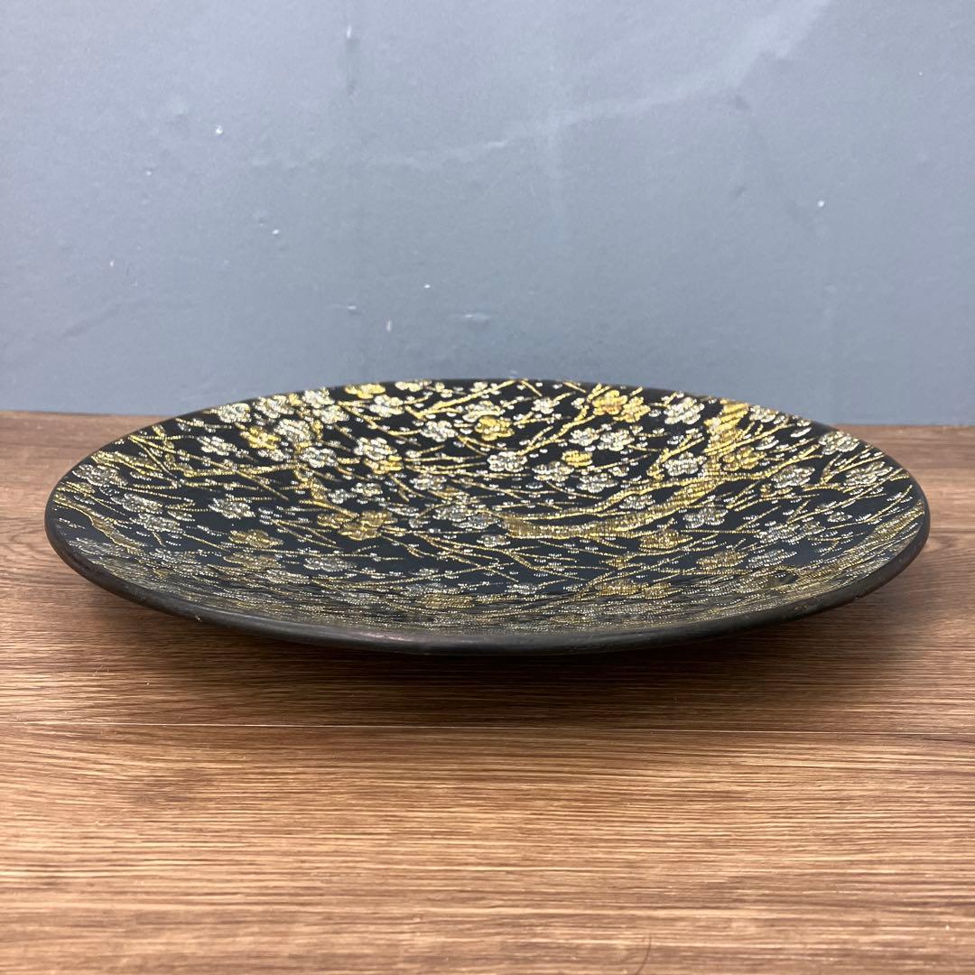 E-1 極美品 ぎやまん 金銀糸 金彩 桜文様刺繍 ガラスプレート 飾り皿 大皿