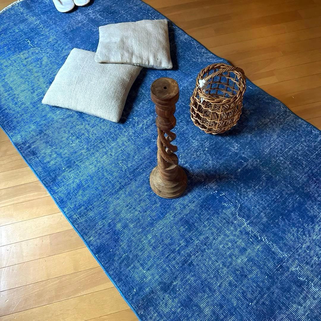 99×212青空色オーバーダイ　ワンカラー　ブルートルコヴィンテージラグ