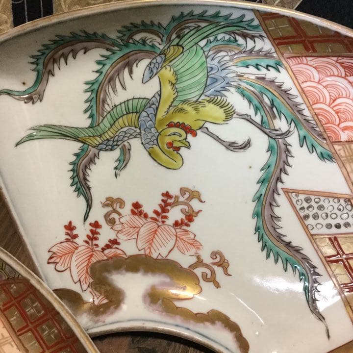 古伊万里　絵皿　金欄色絵　鳳凰桐紋　富貴長春　5客　江戸　大聖寺・九谷焼好きも