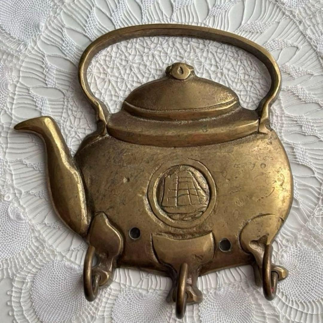 【イギリス】ヴィンテージ やかん ケトル デザイン3連 フック 真鍮 ゴールド