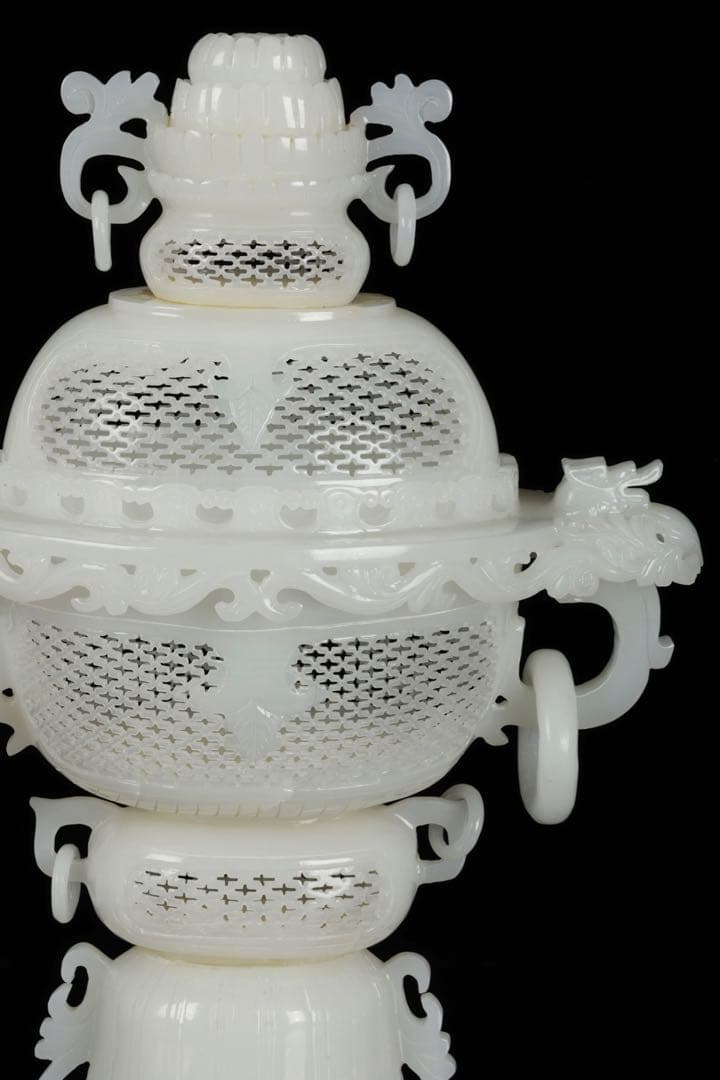 大*発様 中国古玩 白玉石大香炉 龍透彫細密彫刻 高さ36cm 唐物 古美術品