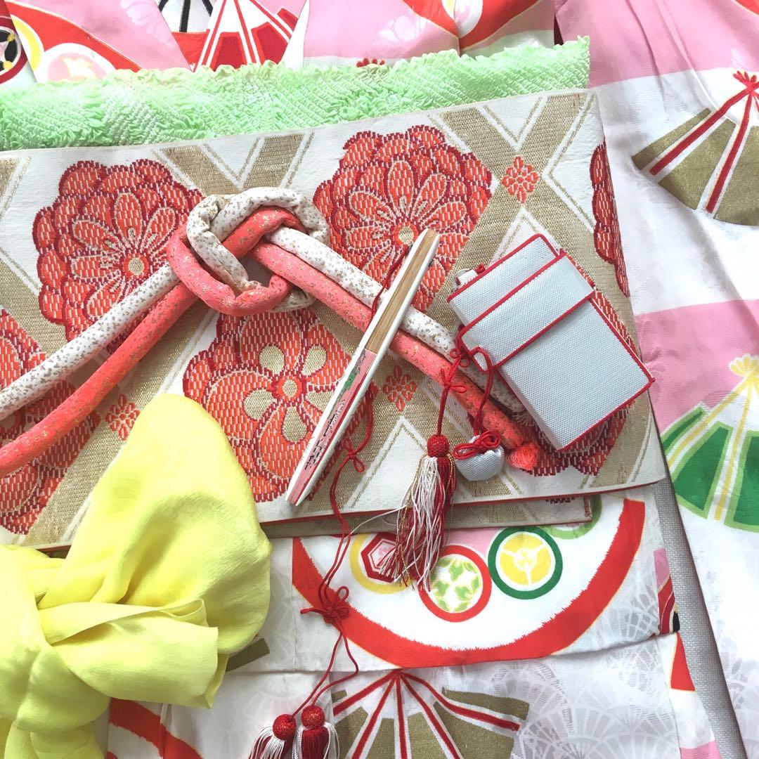 アンティーク着物　扇　古典　ピンク系　きもの帯他小物付き