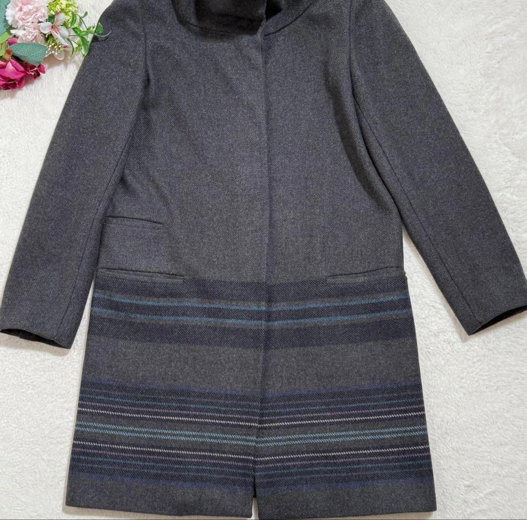マックスマーラ ロングコート ハイネック ウール ボーダー柄 グレー　38