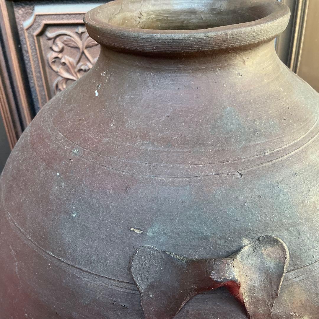 備前焼　茶色　陶器製　花瓶　備前窯　『中壺』　耳有り