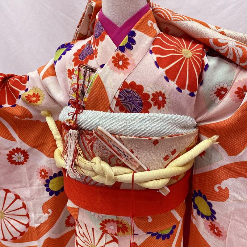 504ag46,帯揚げ,帯締め◎七五三 七歳 アンティーク 総柄 着物&丸帯