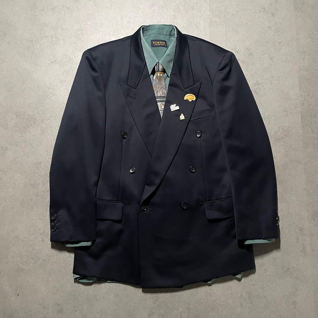 特注【vintage】セットアップ ダブルスーツ カジュアル　光沢　ネイビー