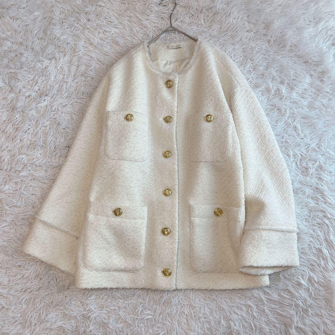 極美品 ラウンジドレス ツイードジャケット ノーカラー フリンジ 金ボタン 白