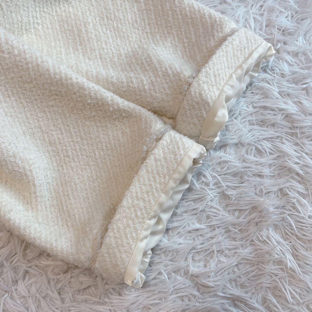 極美品 ラウンジドレス ツイードジャケット ノーカラー フリンジ 金ボタン 白