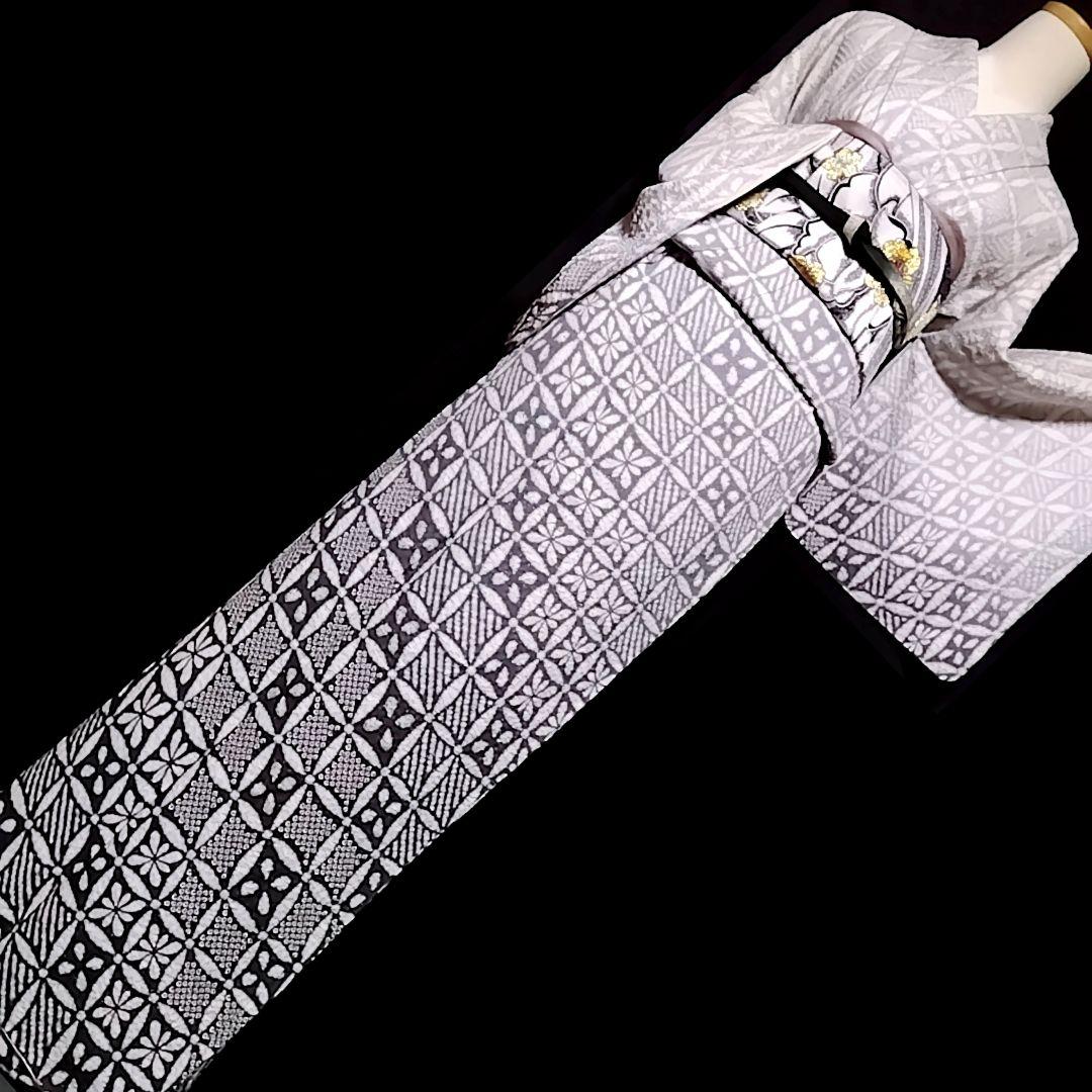 訪問着 着物セット 刺繍 銀通し 袋帯 絞り 白 灰色 グレー