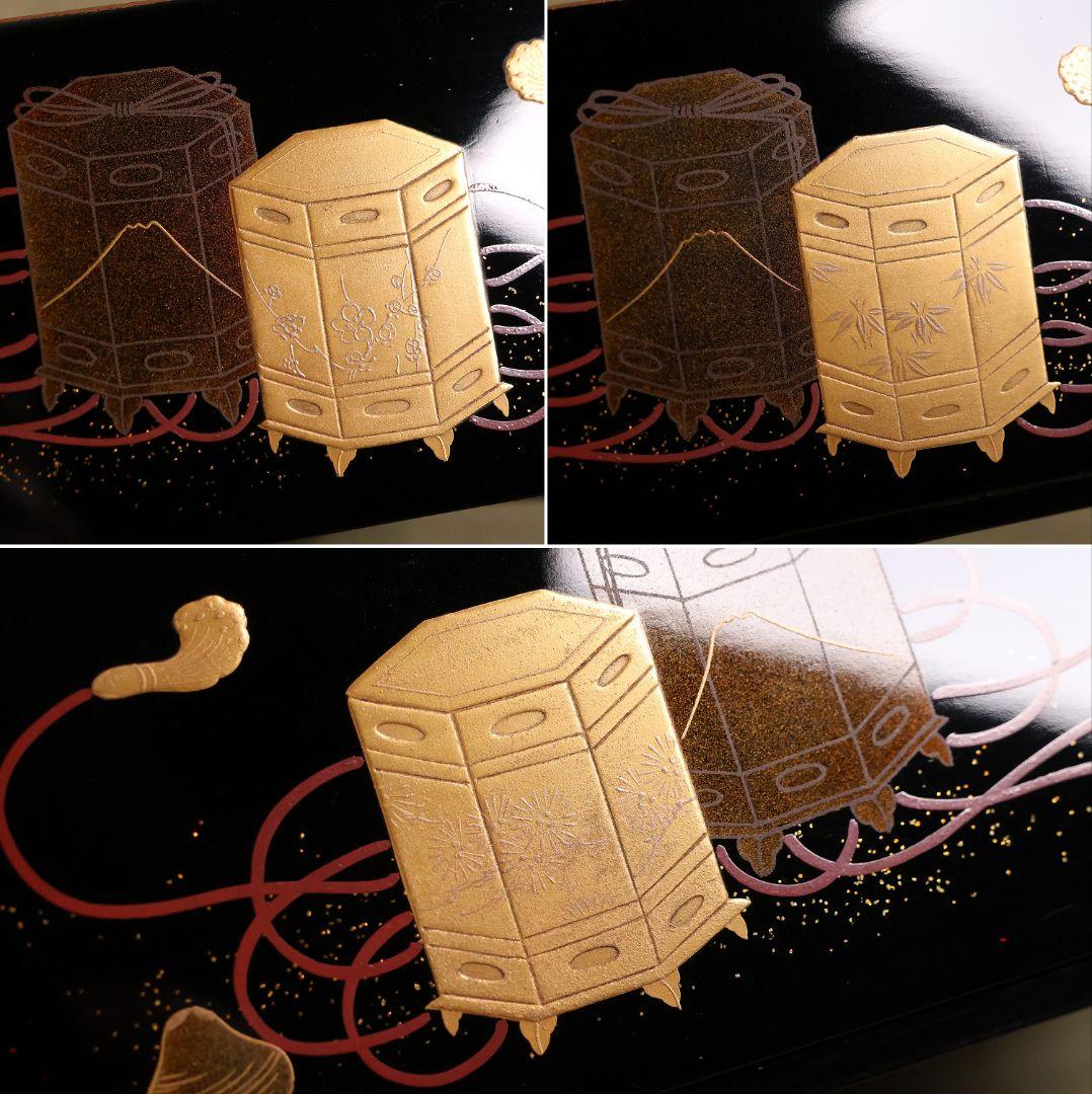 木製漆器 貝桶 金蒔絵 三段 重箱 黒塗 朱塗 梨地 雛 漆芸【MA745】