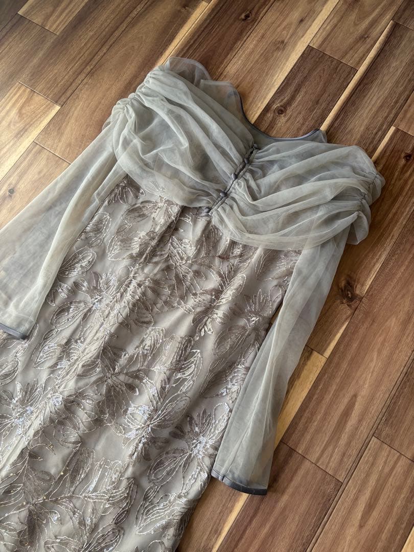 チュールオフショルダー花柄Iラインワンピースドレス